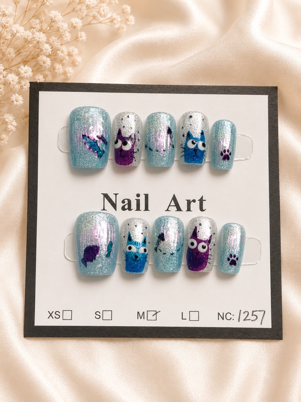 Sparkling Blue & Purple Cat Nail Set size medium